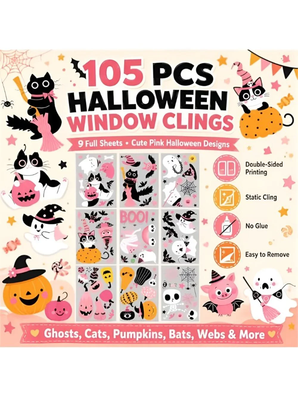 Pink Halloween Window Clings, Reusable Cute Cat Ghost, 8 Sheets
